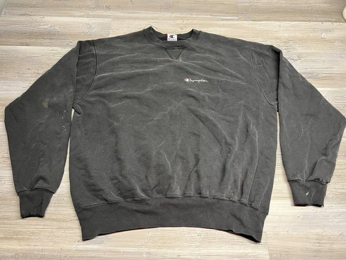 Vintage Champion Crewneck Sweatshirt - Black, Faded, Thrashed, Embroidered Logo - Size 2XL