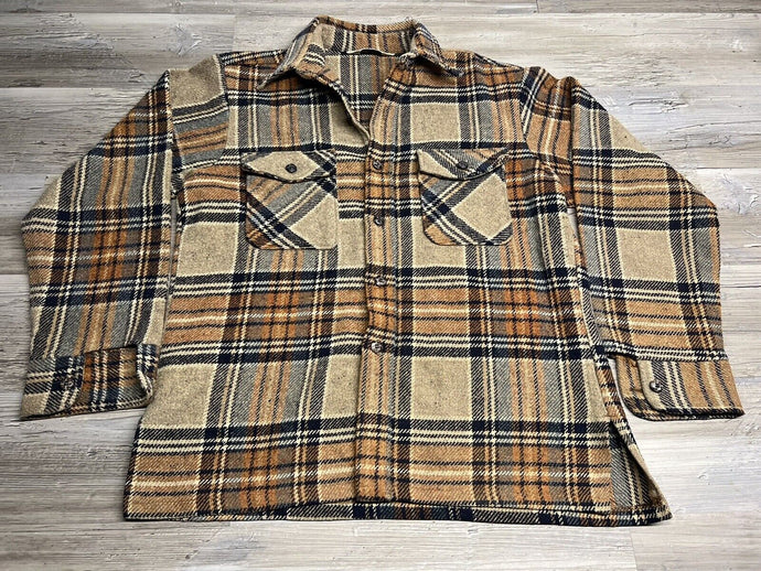 Vintage Sport-Abouts by Big Yank Wool Flannel Button-Up Shirt - Black Brown Plaid - Size L/XL - Made in USA