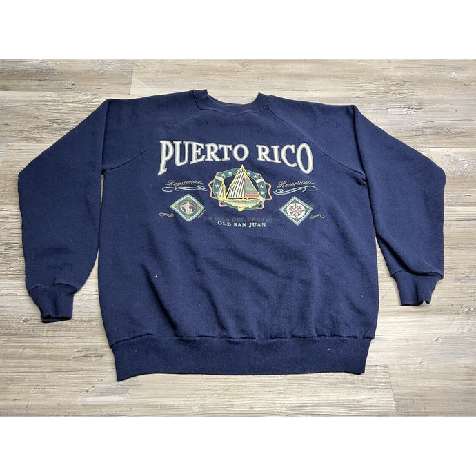 Vintage Faded Raglan Crewneck Sweatshirt Destination Puerto Rico Blue Mens Sz M