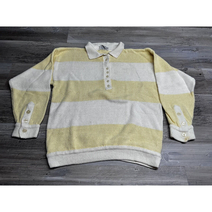 Vintage Womens Tennis Sweater Preppy Collared Polo Retro Pastel Yellow Striped L