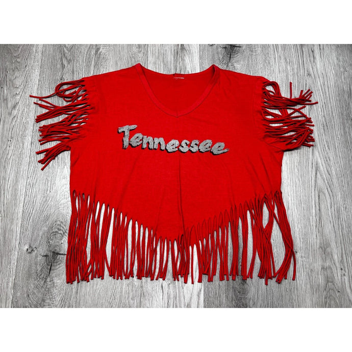 Vintage Cropped Fringe T-Shirt Hippie Festival Top Tennessee Womens 2XL Boxy Fit