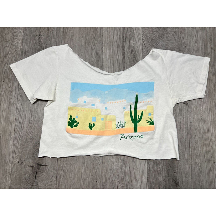 Vintage 90s Crop Top Graphic T-shirt Cutout Neckline Arizona Desert Cactus Sz M