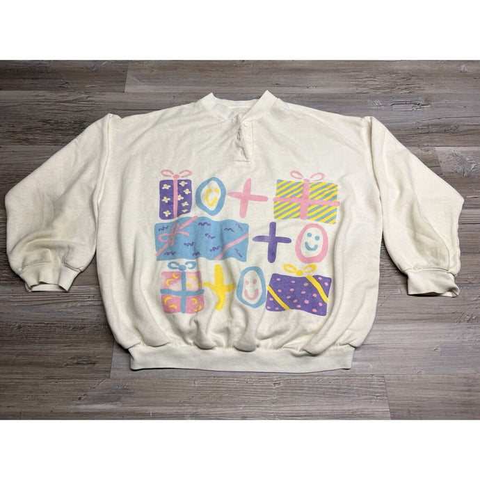 Vintage 80s Womens Graphic Sweatshirt Cutesy Pastel Henley Size L White Grandma