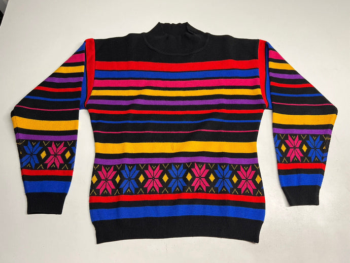 Vintage Women’s Obermeyer Roll Neck Sweater – Black, Multicolor Pattern – Size L