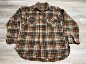 Vintage Pendleton Trail Shirt - Red Blue Brown Plaid - Size L - Made in USA