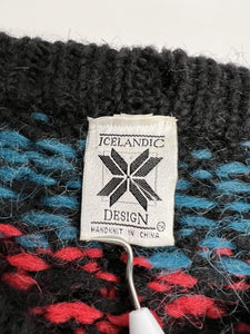 Vintage Icelandic Design Wool Sweater – Black, Multicolor Pattern – Size M