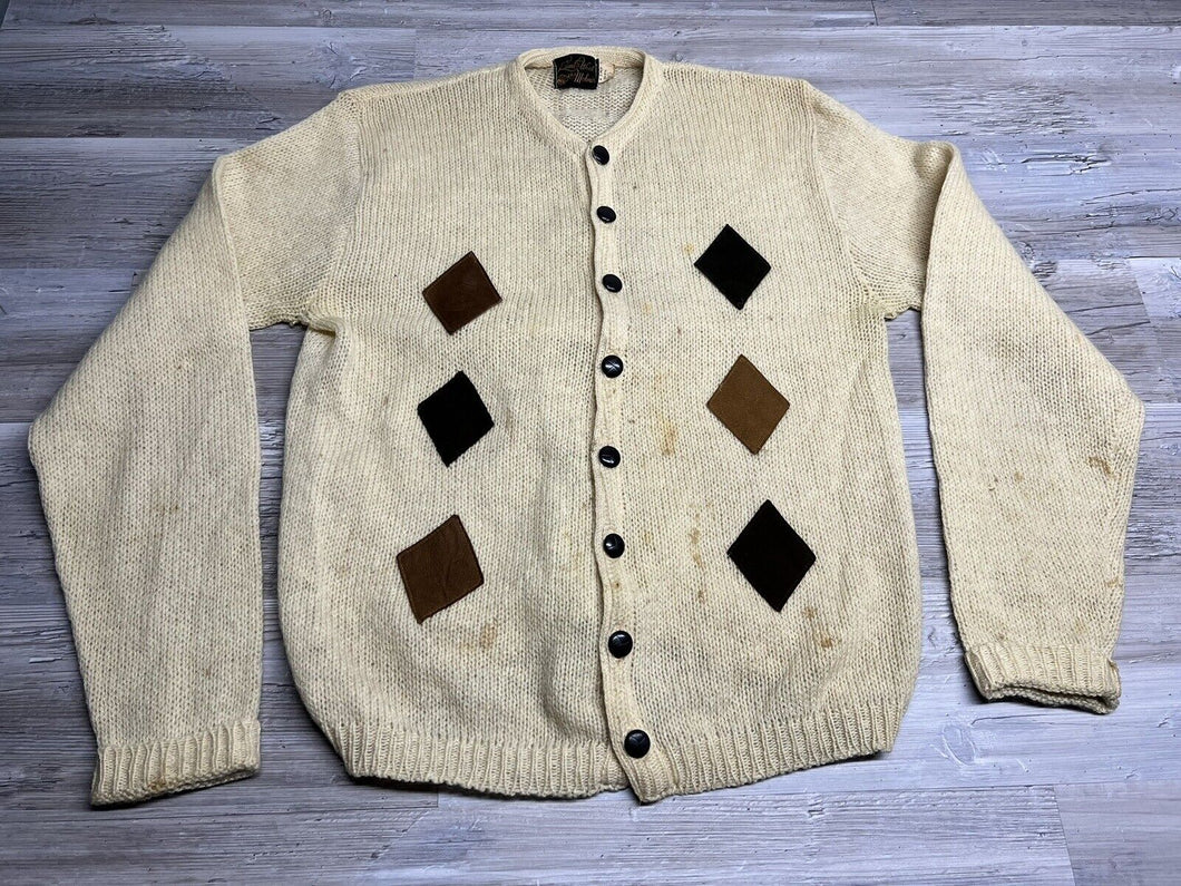 Vintage 50s Lambswool & Mohair Blend Cardigan Sweater – White, Distressed – Size L – Made in USA