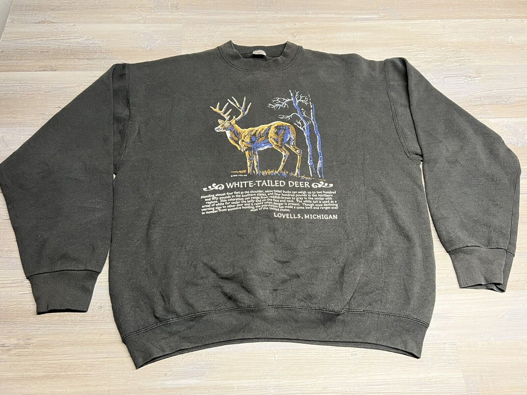 Vintage Michigan White Tail Deer Crewneck Sweatshirt - Faded Black – Size XL – Made in USA