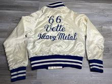 Load image into Gallery viewer, Vintage 60s Satin Varsity Bomber Jacket &#39;66 Vette Heavy Metal – Ivory - Size XS – Made in USA